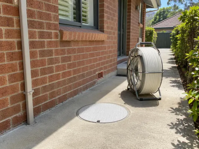 Concrete path beside brick house with a flush circular access cover in Pennant Hills