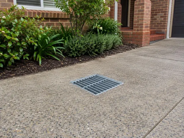 Flush metal stormwater grate in a concrete driveway beside brick house and garden in Thornleigh